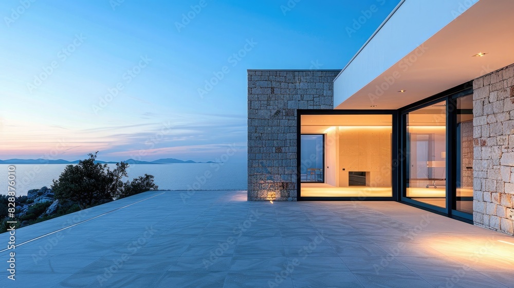 Modern stone house with glass doors overlooking the sea, exterior view, evening light, white walls and grey tiles, entrance on the right side of the picture, light from inside,