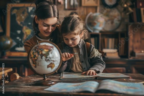 A young teacher and a little girl examining a globe during a geography lesson with maps and other learning tools visible