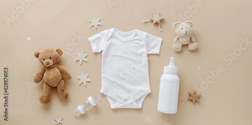 Flat Lay of Baby Essentials with White Onesie, Bottle, and Teddy Bear on Beige Background, Minimalistic Newborn Arrangement, Copyspace for Text, Baby Shower Concept, Neutral Nursery Theme