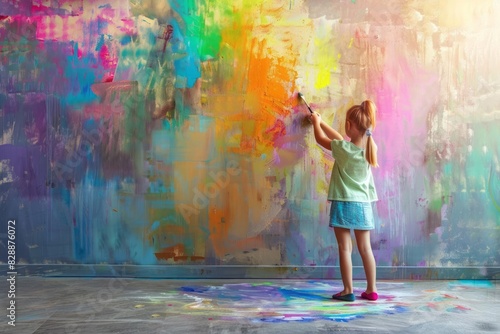 A cute little girl with a paintbrush in hand drawing a colorful mural on a blank wall in a sunlit empty room