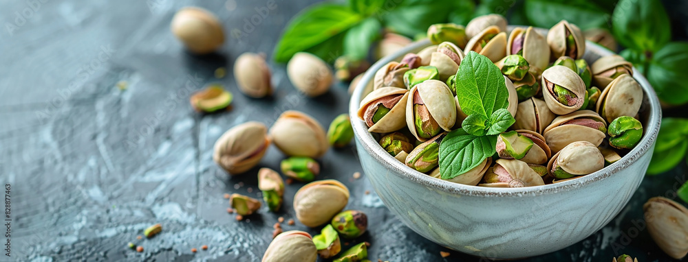 wide detailed macro closeup background photo of ceramic bowl full of green and white color pistachio nuts on a rustic wooden table and natural background with copy space wide detailed macro closeup background photo of ceramic bowl full of green and white color pistachio nuts on a rustic wooden table and natural background with copy space