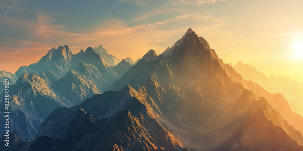 A panoramic representation of majestic mountains illuminated by a stunning sunset A panoramic representation of majestic mountains illuminated by a stunning sunset
