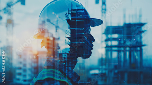 Silhouette of an engineer in a hard hat with construction site background, symbolizing planning and development in the engineering sector.
