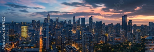 A panoramic view of a bustling city at sunset, showcasing the urban skyline and glowing lights