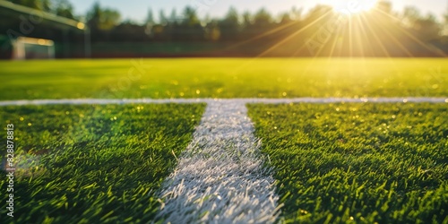 A close-up of a soccer field's green grass illuminated by sunlight with the focus on the white boundary line