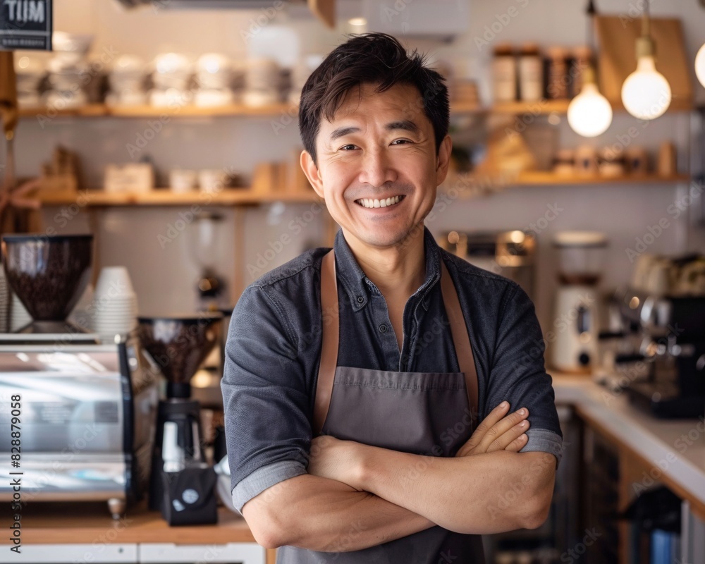 Smiling Male Coffee Shop Owner Posing with Arms Crossed in a Cozy Caf?, Demonstrating Confidence and Hospitality - Generative AI Smiling Male Coffee Shop Owner Posing with Arms Crossed in a Cozy Caf?, Demonstrating Confidence and Hospitality - Generative AI