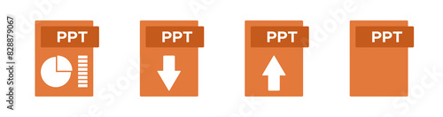 modern office electronic documents file formats PPT, upload download arrow symbol, blank page pictogram, orange vector icons set