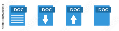 modern office electronic documents file formats DOC, upload download arrow symbol, blank page pictogram, blue vector icons set