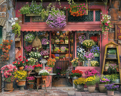 An exterior view of a charming flower shop on a busy street, detailed window displays bursting with colorful flowers, vibrant storefront with a vintage sign capturing the allure 