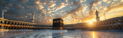 The Majestic Kaaba An Awe-Inspiring View of the Sacred Place of Worship with Towering Minarets and a Picturesque Cloudy Sky in the background, place for meditation and Remembrance of Allah Almighty