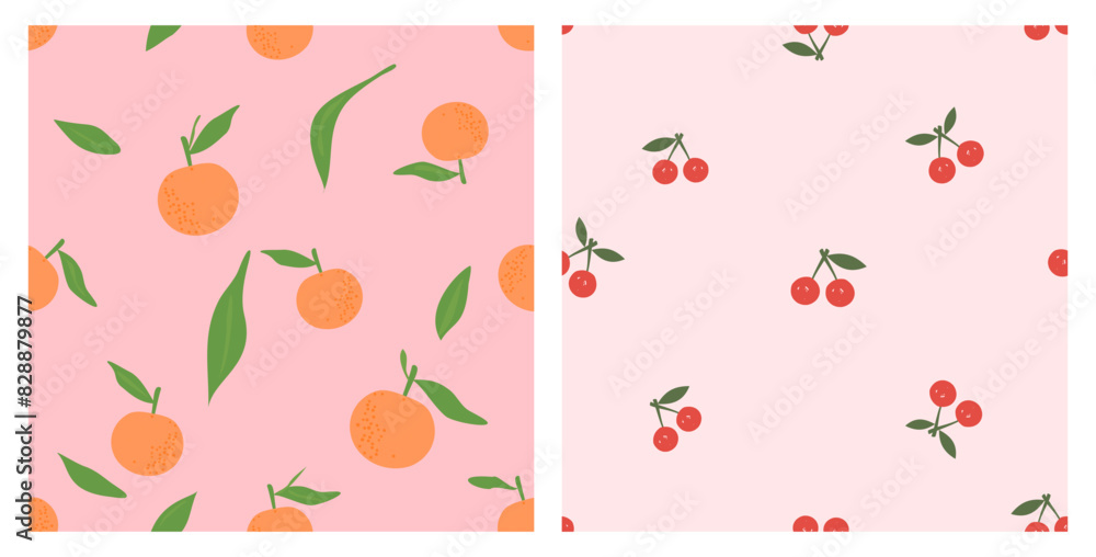 Seamless pattern with orange fruit and cute cherry on pink backgrounds vector. Cute fruit print.