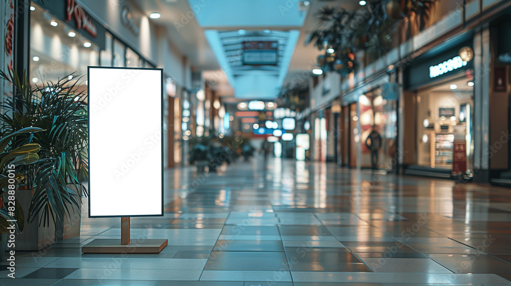 roll up mockup poster stand in an shopping center or mall environment as wide banner design with blank empty PNG 