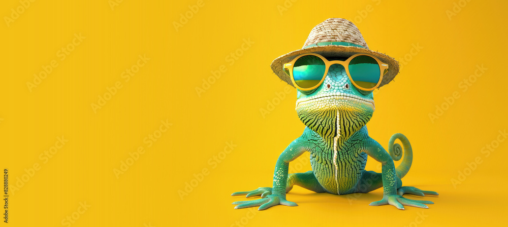 Obraz premium Summer Chameleon with Hat and Sunglasses on a Yellow Background with Space for Copy