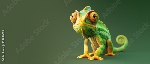 Cute Chameleon on a Green Background with Space for Copy
