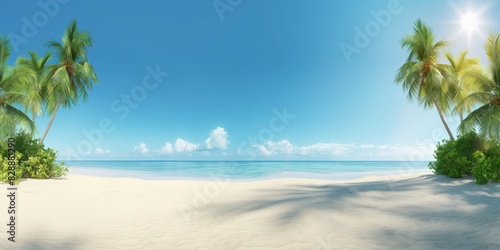 A serene tropical beachscape with white sands  palm trees  and a clear blue sky