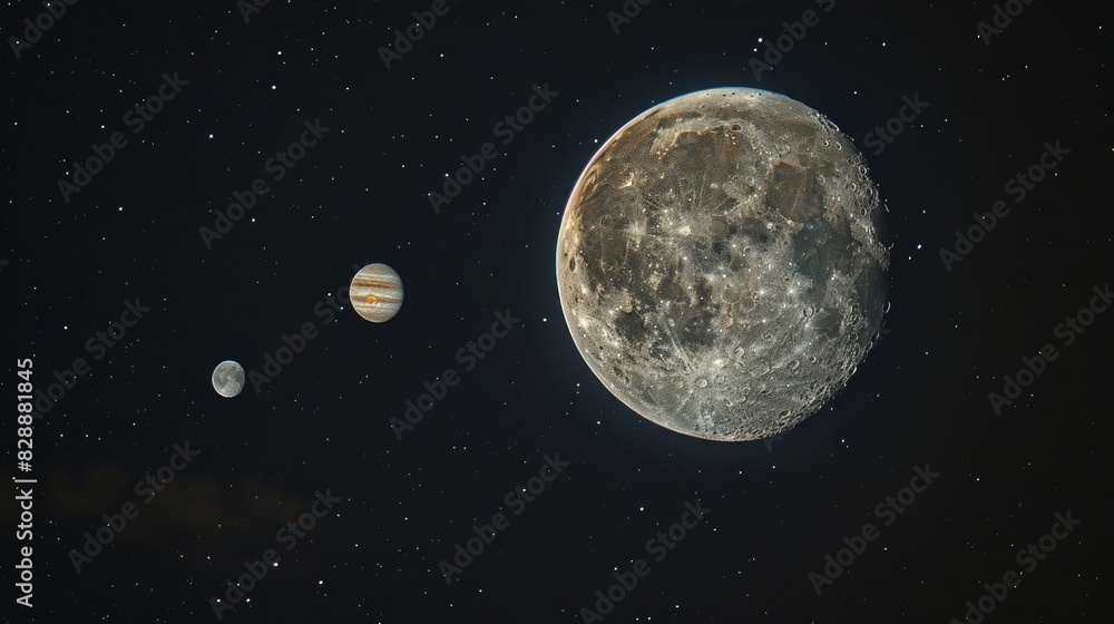 Photograph of Moon Jupiter and their respective moons captured in a single unfiltered shot