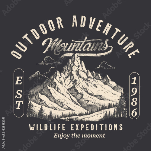 Outdoors Adventure mountains Vintage print Design for vector illustration , wildlife expeditions slogan print autumn winter graphic t-shirt sweatshirt design