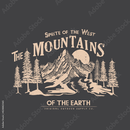 Adventure at the mountain graphic artwork for t shirt and others. Mountains art the of the Earth slogan vintage retro new tee shirt print artwork, Mountain with tree retro vintage print design