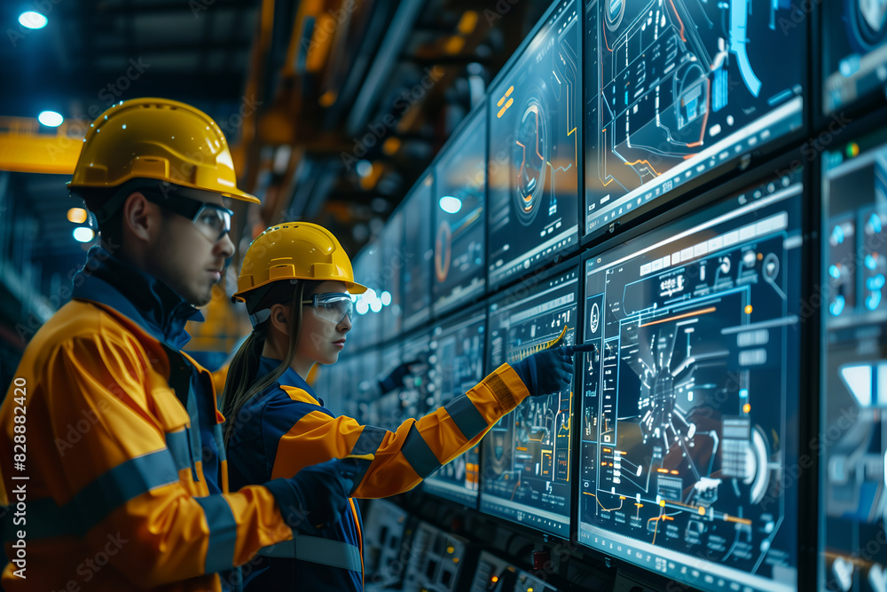 Futuristic technology concept: Team of engineers and professional Workers in heavy industry manufacturing factory that is digitalized with graphics into digital twin of industry Futuristic technology concept: Team of engineers and professional Workers in heavy industry manufacturing factory that is digitalized with graphics into digital twin of industry
