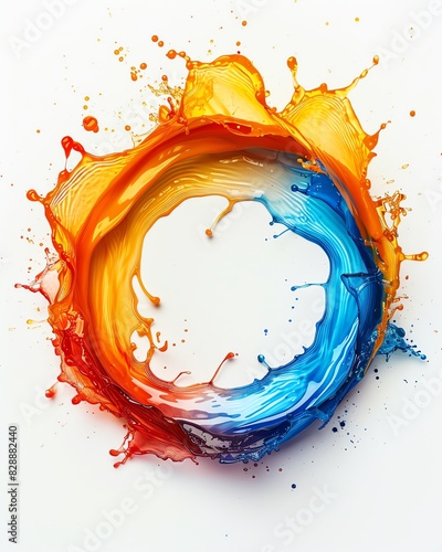 Curved wave pattern, circular liquid explosion, vibrant paint drops, isolated on white, highangle view