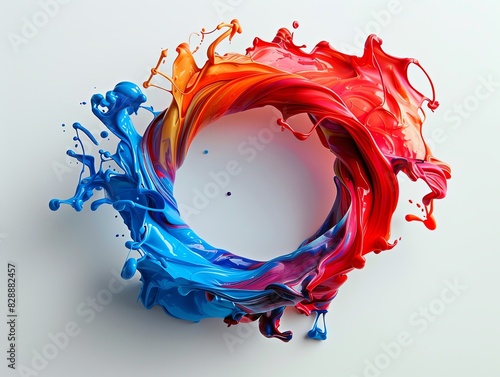 Flowing curved waves forming a circle, vibrant paint drops, abstract pattern, white background, closeup