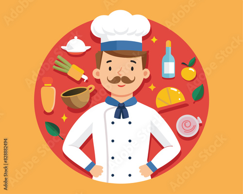 vector illustration of young chef logo with various culinary related icons such utensils ingredients chef’s hat cooking theme