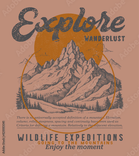 Vintage outdoors mountain print design , Explore the great outdoors, vector mountain with sunset and river, mountain graphic artwork for t shirt and others