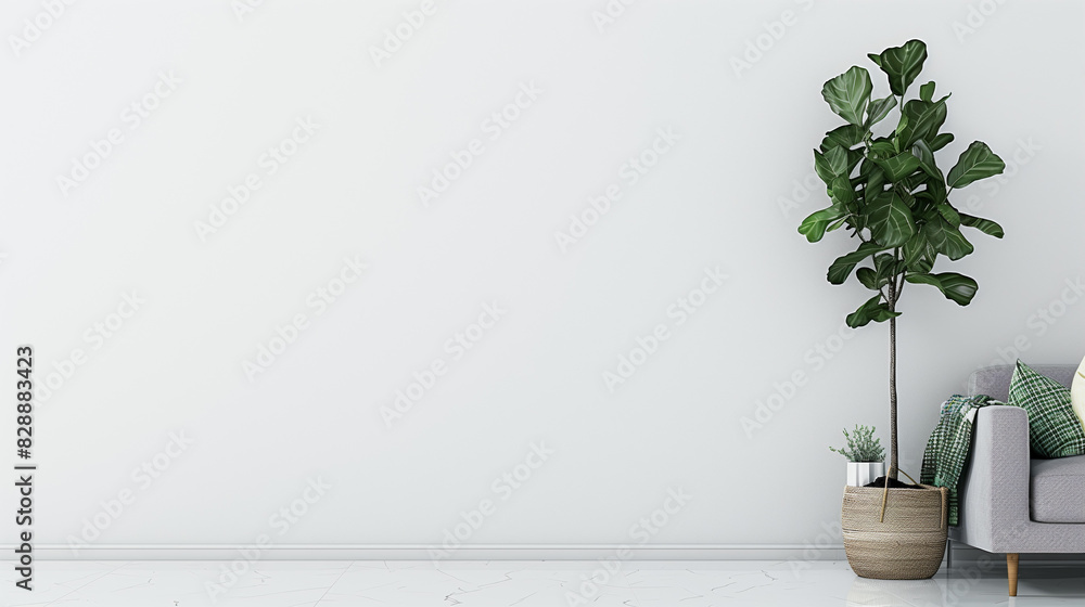 Living room interior with gray velvet sofa, pillows, green plaid, lamp and fiddle leaf tree in wicker basket on white wall background. 3D rendering. Living room interior with gray velvet sofa, pillows, green plaid, lamp and fiddle leaf tree in wicker basket on white wall background. 3D rendering.