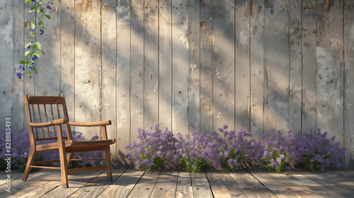 wooden chair is sitting in front of a wall with purple flowers