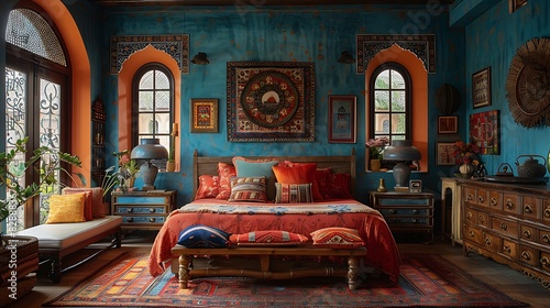 Bohemian style opulent bedroom with vibrant touches