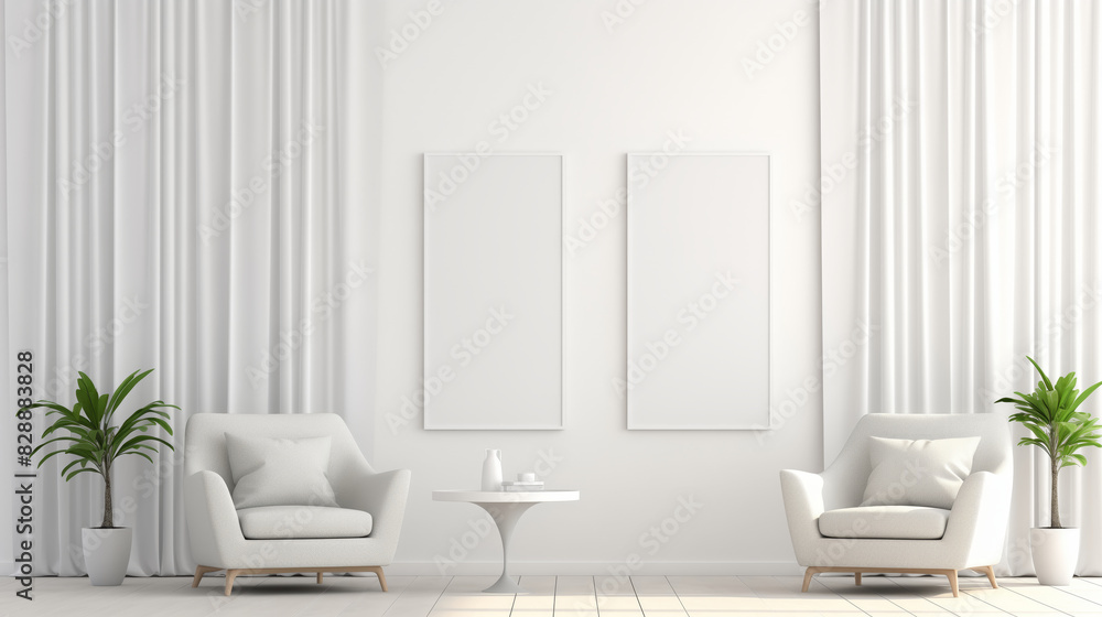 Fototapeta premium white room with two chairs and two empty picture frames