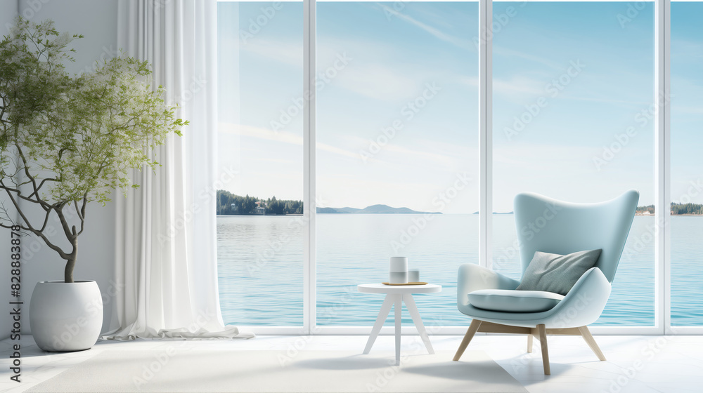 Fototapeta premium living room with blue chair and window view of the ocean