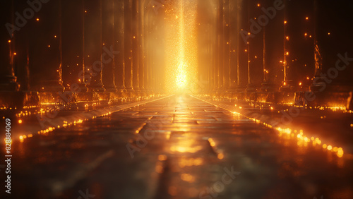 An ancient path leads towards a radiant golden light