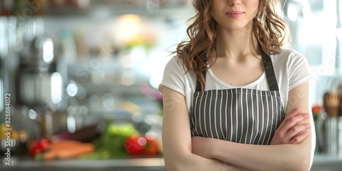 Confident Woman in Apron Standing with Arms Crossed in Kitchen. Concept Cooking, Confidence, Woman, Apron, Kitchen