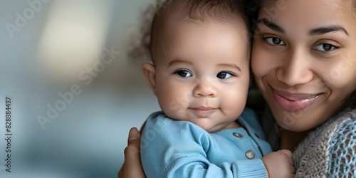 Contented African American mother affectionately embraces her adorable biracial baby with genuine love and care conveying the essence of motherhood. Concept Motherhood, Love, Affection, Diversity photo