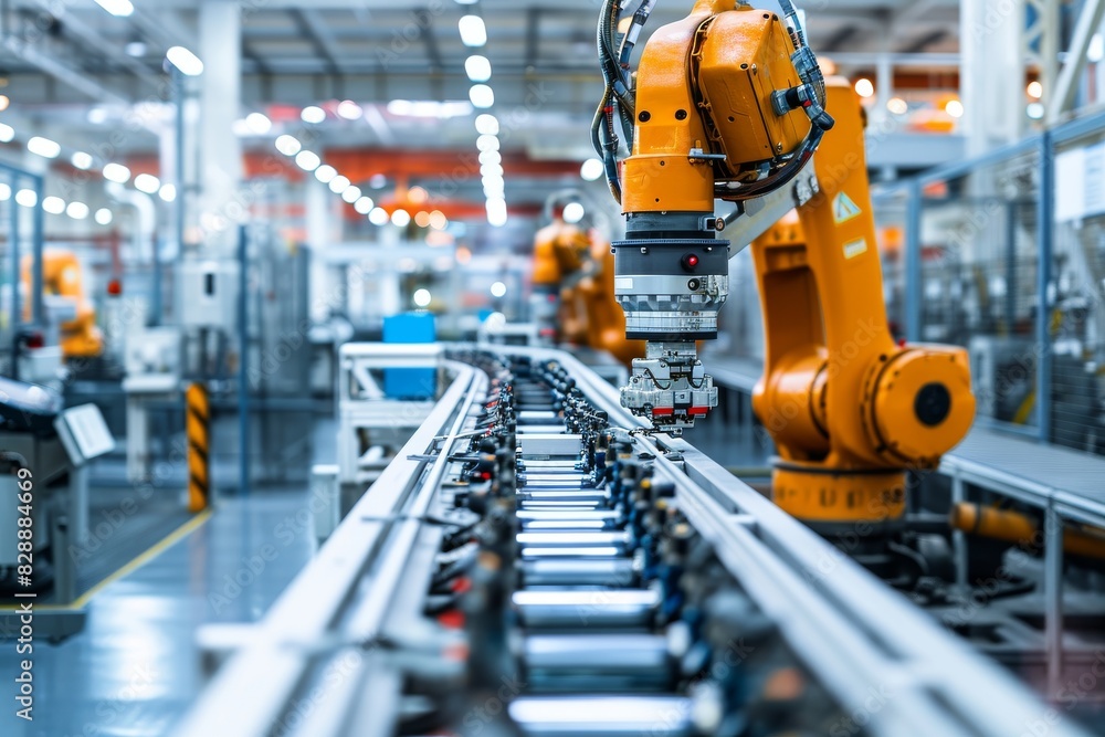 Intelligent factory production line, Robotic arms on a large production line in a modern bright factory concept, AI generated Intelligent factory production line, Robotic arms on a large production line in a modern bright factory concept, AI generated