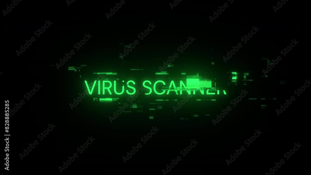 Virus scanner text with screen effects of technological failures. Spectacular screen glitch with various kinds of interference. Looped Virus scanner text with screen effects of technological failures. Spectacular screen glitch with various kinds of interference. Looped