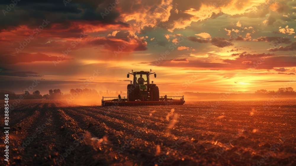 Fototapeta premium Tractor plowing fertile land in the countryside.