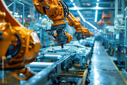 Intelligent factory production line, Robotic arms on a large production line in a modern bright factory concept, AI generated