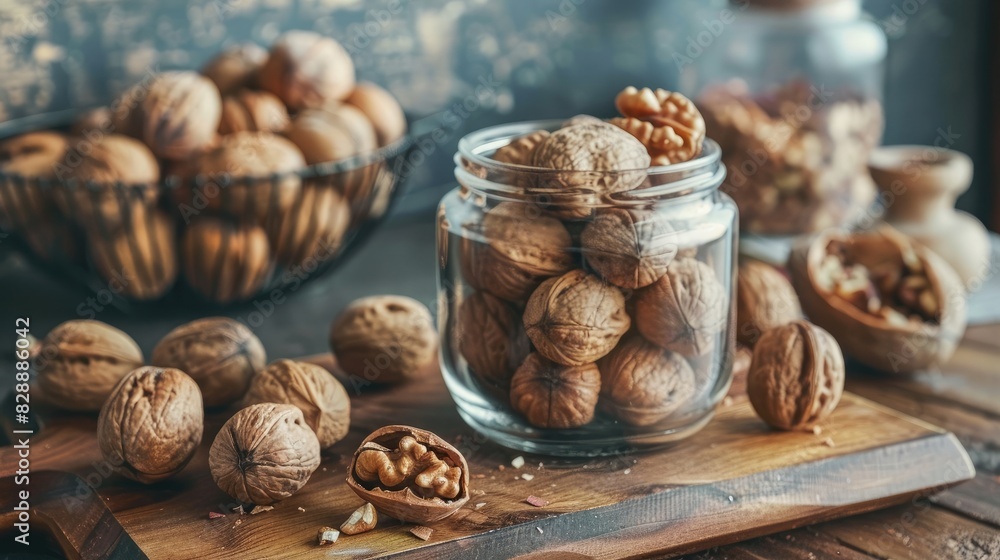 Walnuts without their shell in a container on the table room for text Walnuts without their shell in a container on the table room for text