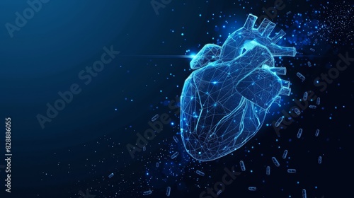 The heart is intricately modeled in shades of blue, symbolizing its vitality and importance in the human anatomy. This image combines healthcare and medical concepts