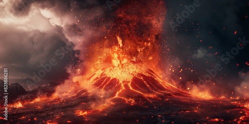 A majestic volcano erupting with lava and smoke against a tumultuous sky, emulating raw power and nature's fury photo