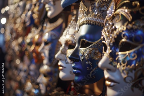 An up-close view of a shop showcasing a stunning variety of Venetian carnival masks, each intricately designed with vibrant colors and unique shapes. © Jennie Pavl