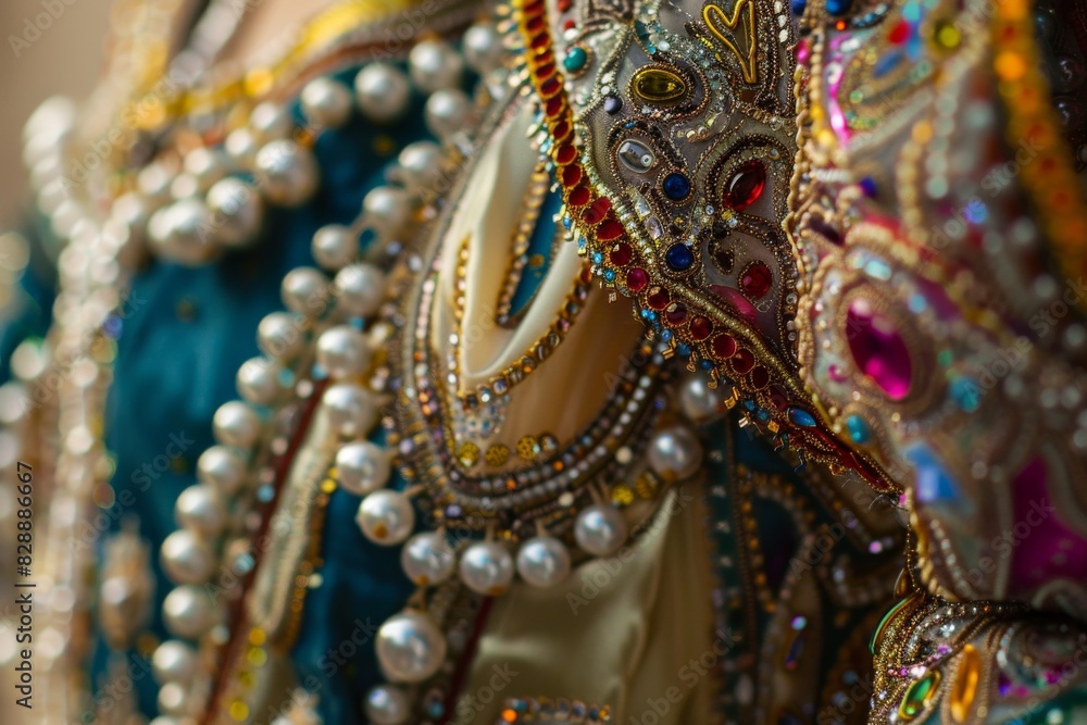 A vibrant close-up showcasing the intricate details of a traditional Maltese carnival costume, adorned with shimmering sequins and beads.