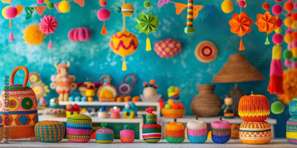 Vibrant scene filled with Mexican party decorations, such as pinatas and colorful handcrafted items