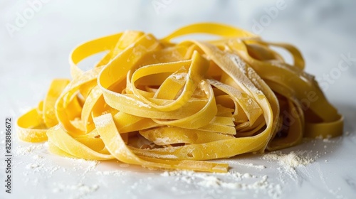 Uncooked Italian tagliatelle displayed on a white surface