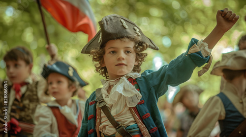 boy dressed in traditional french clothes and cocked hat playing with other children, french independence day concept