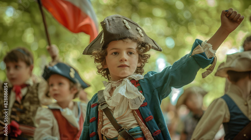 boy dressed in traditional french clothes and cocked hat playing with other children, french independence day concept photo