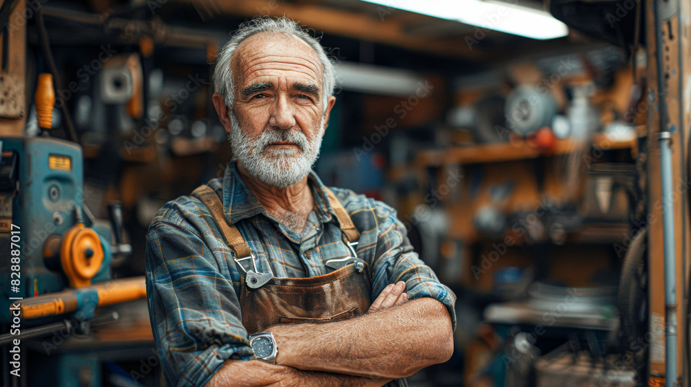 a confident craftsman in a workshop, arms crossed, holding a wrench. a confident craftsman in a workshop, arms crossed, holding a wrench.