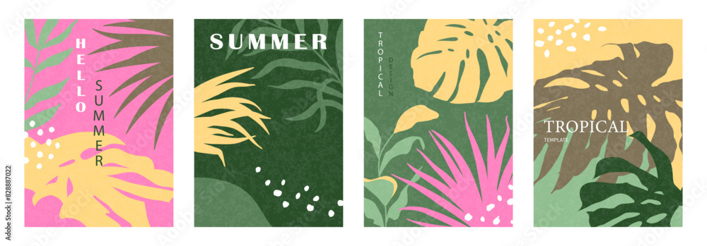 Set of minimalist cards with tropical leaves. Modern flat design with grainy texture. Creative template for promotional materials, sales, poster, branding and more.